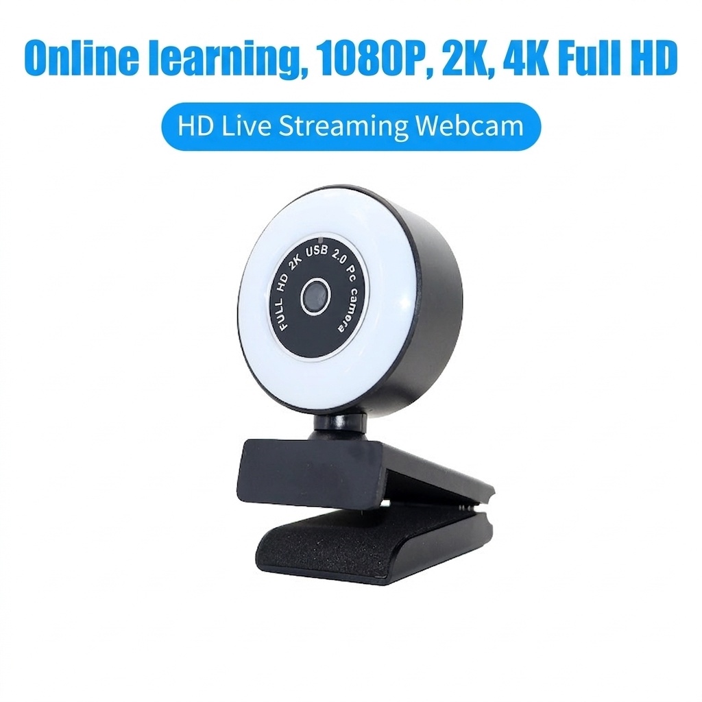 2K/4K HD USB PC Webcam with Built-in Ring Light, Pro Streaming Camera for Twitch, YouTube, Video Calls, Autofocus