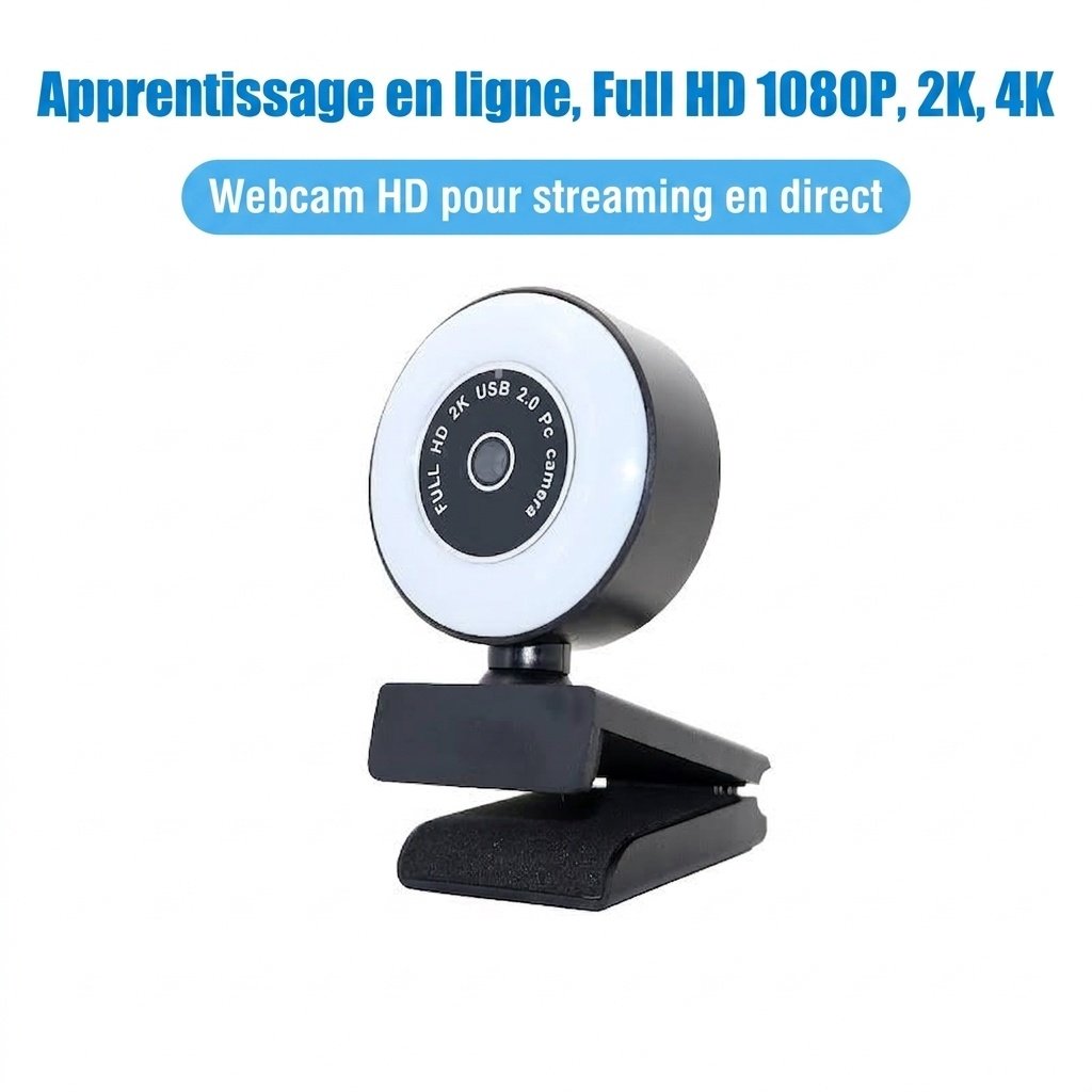 Webcam PC USB HD 2K/4K avec anneau lumineux intégré, caméra professionnelle pour le streaming sur Twitch, YouTube et les appels vidéo, autofocus