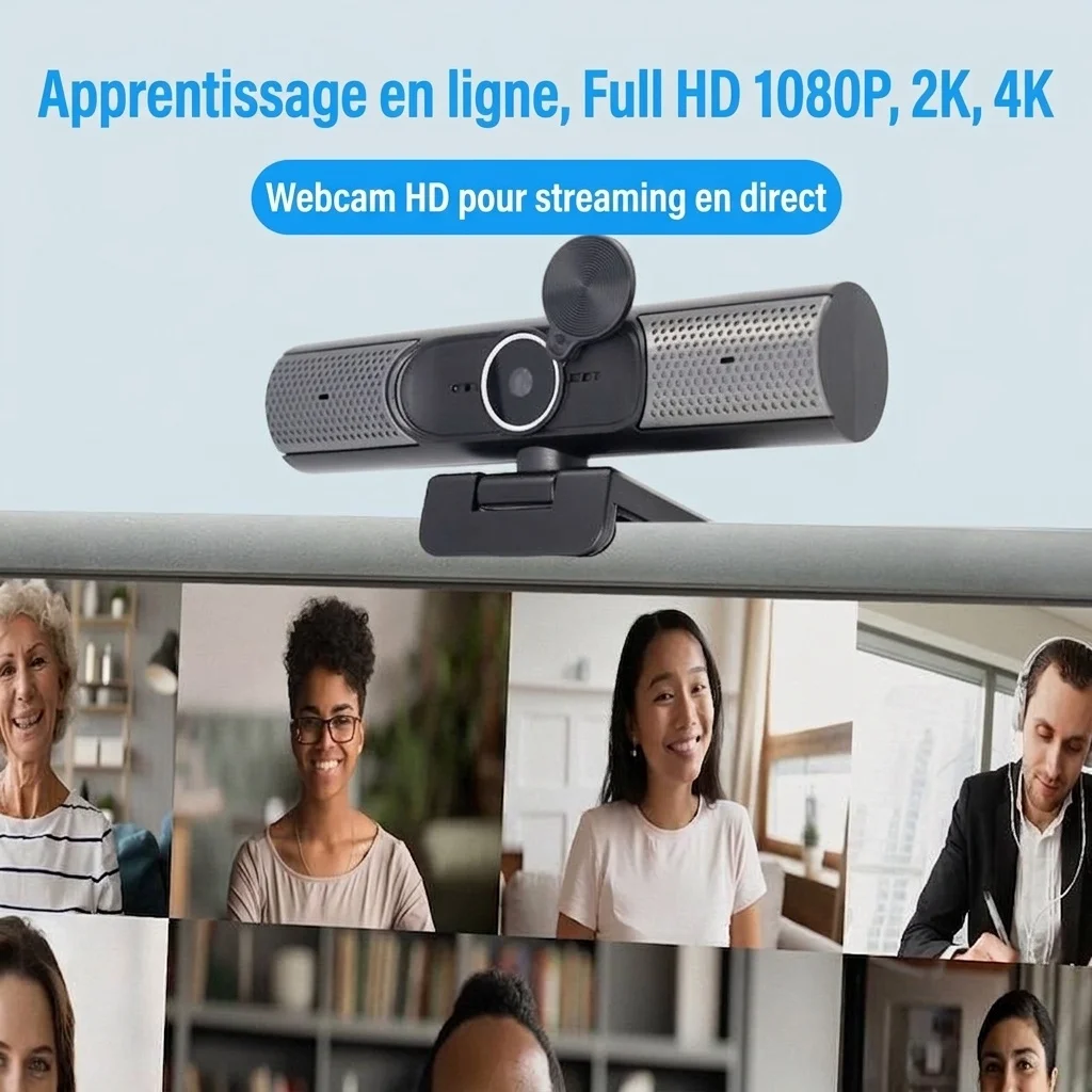Webcam USB HD 1080p/2K/4K avec microphones à réduction de bruit et support flexible, caméra d'ordinateur pour appels vidéo et streaming