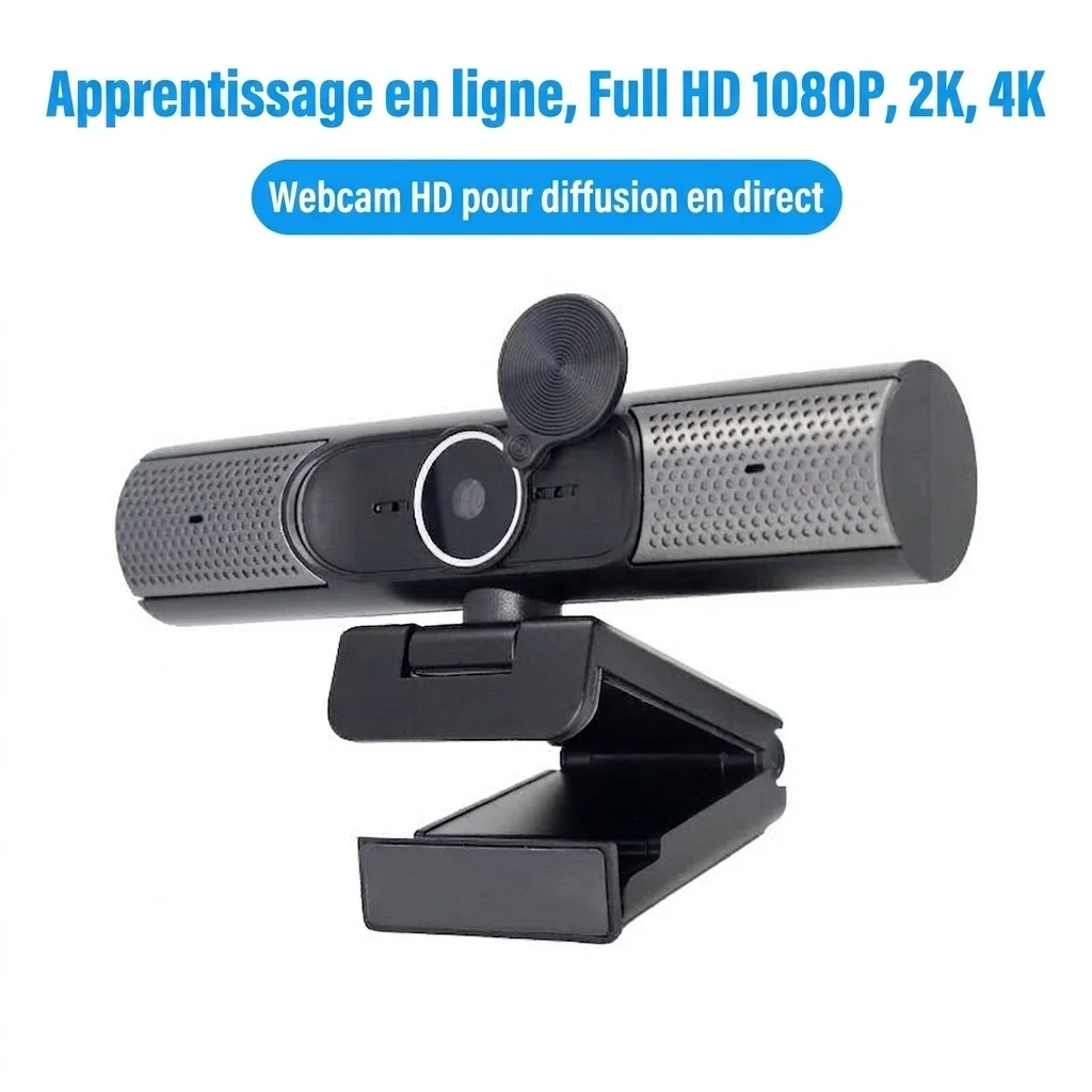 Webcam USB HD 1080p/2K/4K avec microphones à réduction de bruit et support flexible, caméra d'ordinateur pour appels vidéo et streaming