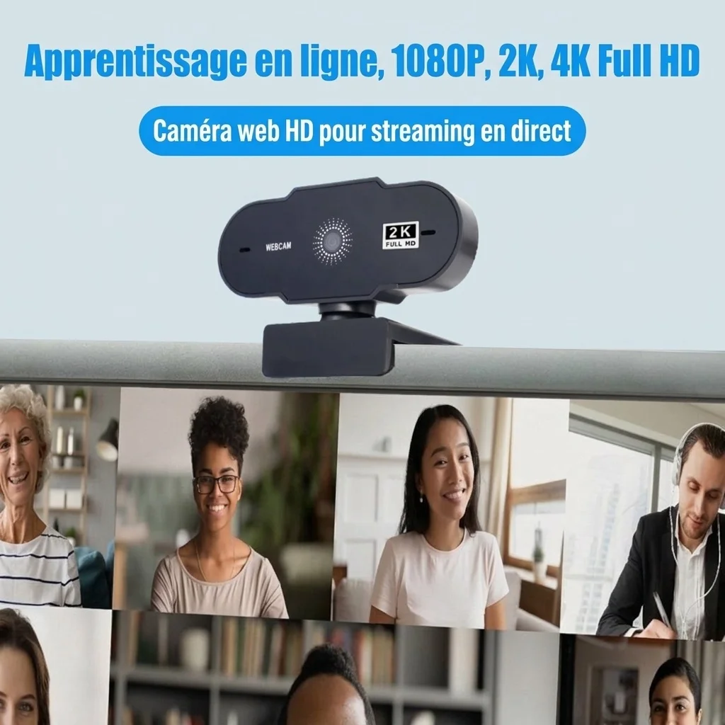 Webcam 2K Full HD avec microphone intégré, caméra USB pour PC et Mac, idéale pour le streaming, l'apprentissage en ligne et Zoom.