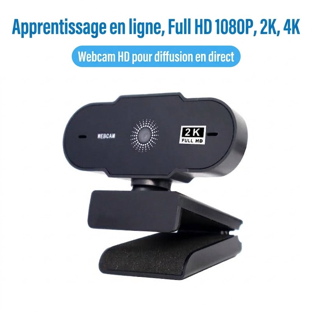 Webcam 2K Full HD avec microphone intégré, caméra USB pour PC et Mac, idéale pour le streaming, l'apprentissage en ligne et Zoom.