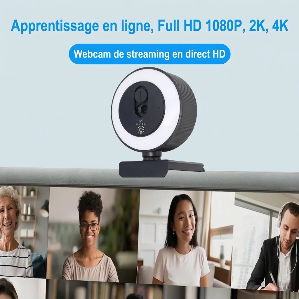 Webcam 4K Full HD avec anneau lumineux, caméra USB pour PC de bureau et ordinateur portable, appels vidéo, diffusion en direct