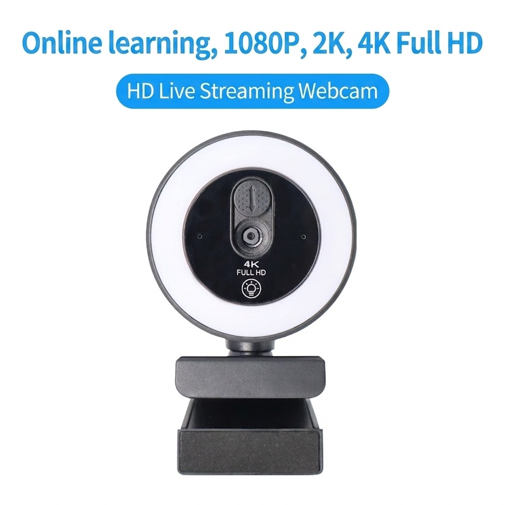4K Full HD Streaming Webcam with Ring Light, USB Computer Camera for PC Desktop Laptop, Video Calling, Broadcasting