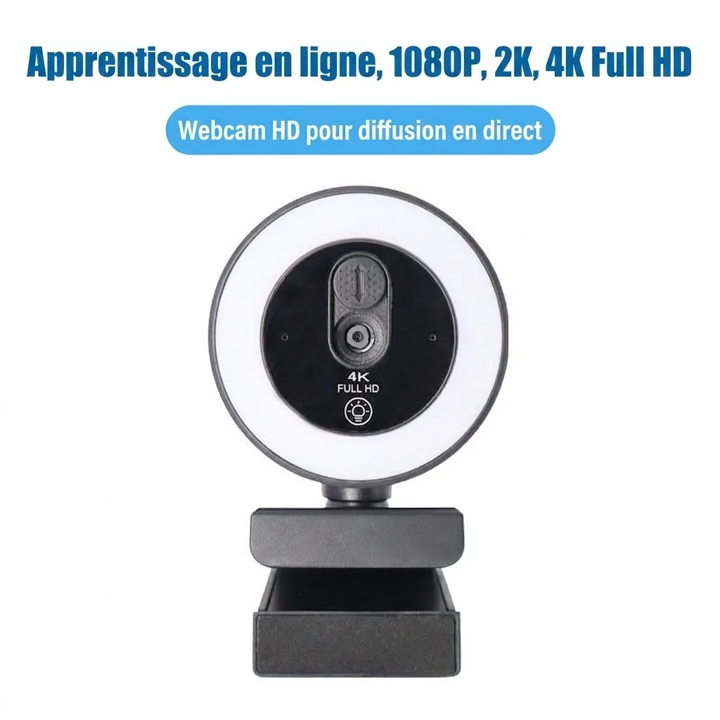 Webcam 4K Full HD avec anneau lumineux, caméra USB pour PC de bureau et ordinateur portable, appels vidéo, diffusion en direct