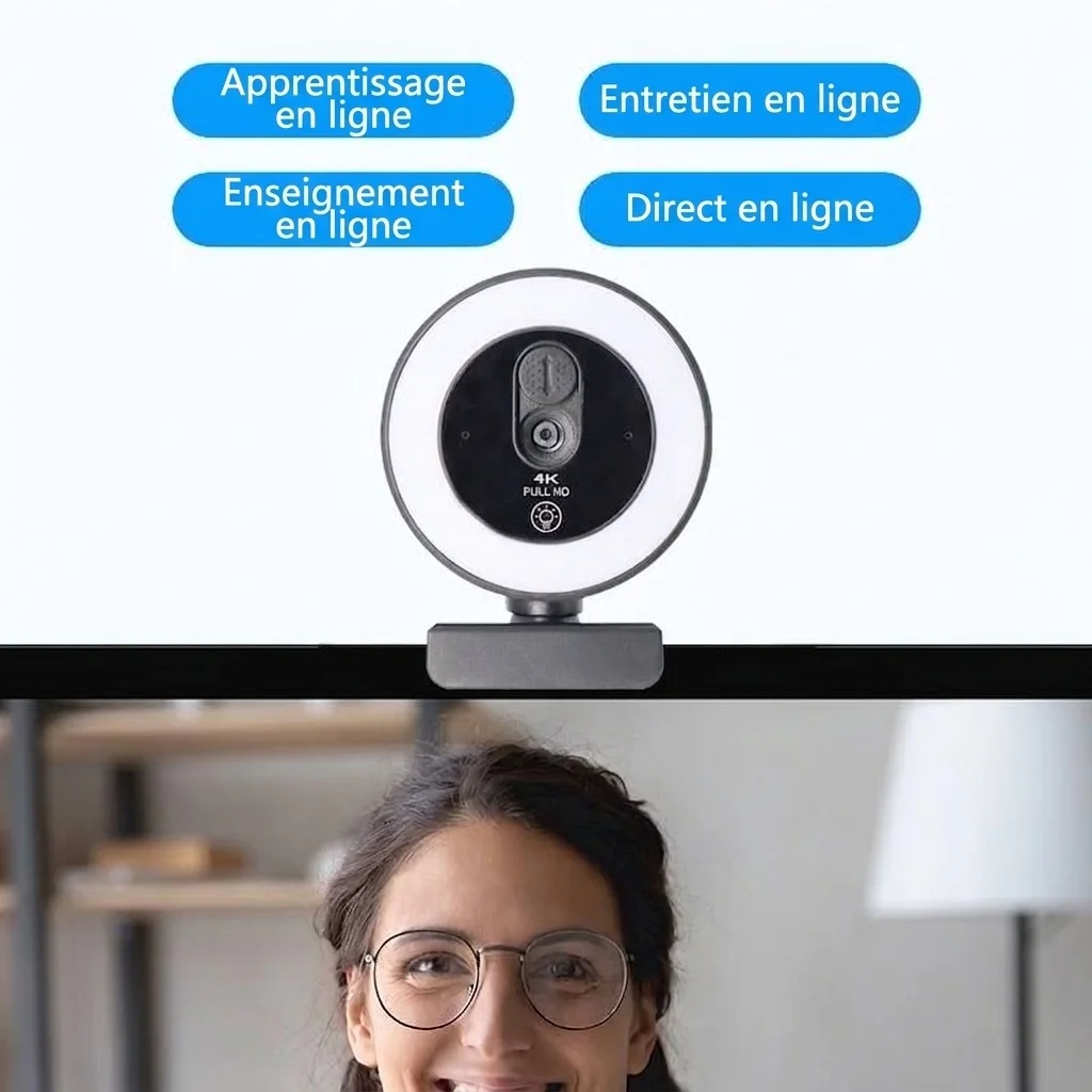 Webcam 4K Full HD avec anneau lumineux, caméra USB pour PC de bureau et ordinateur portable, appels vidéo, diffusion en direct