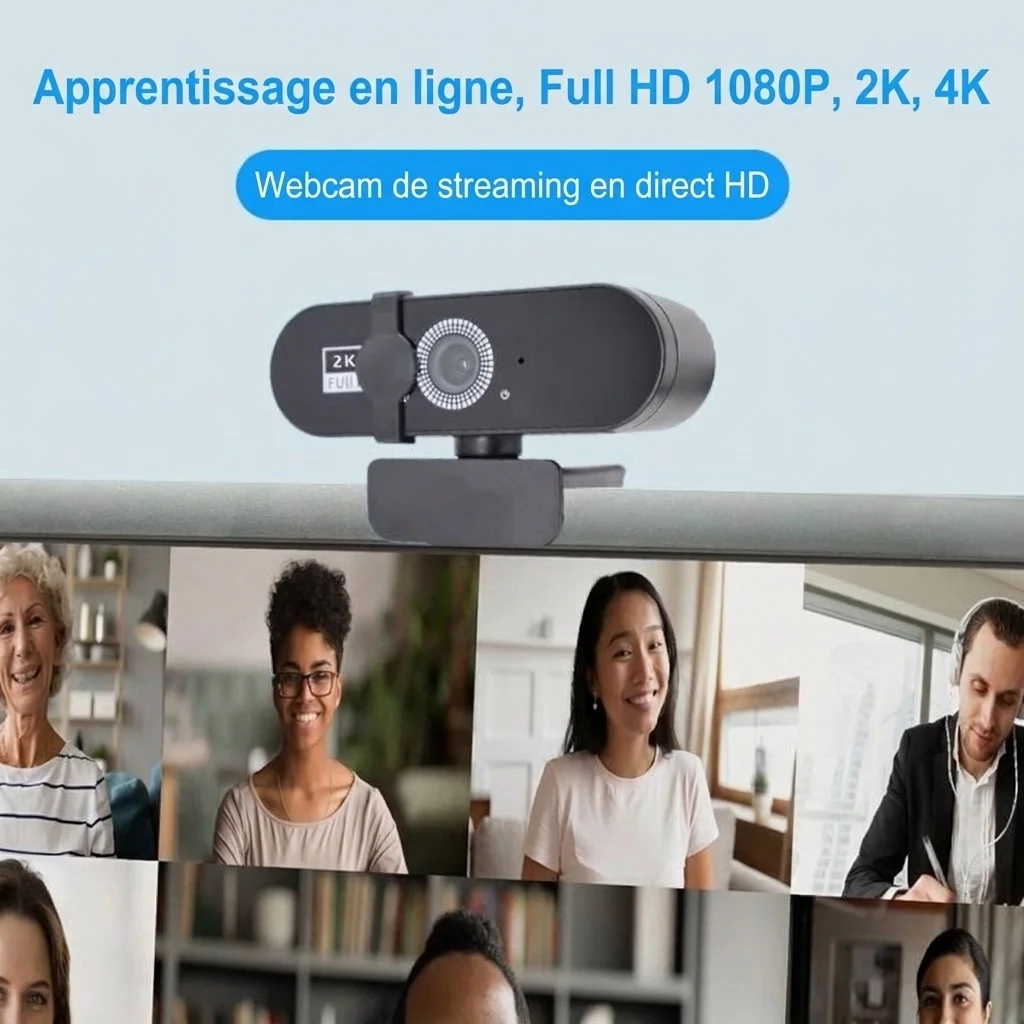 Webcam HD 2K/4K avec autofocus et microphone, caméra USB professionnelle pour ordinateur, idéale pour le streaming, les appels vidéo, Zoom et Teams.