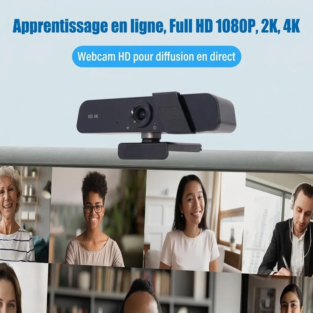 Webcam USB 4K HD avec microphone antibruit, caméra d'ordinateur pour le streaming en direct, les cours en ligne et les appels vidéo.