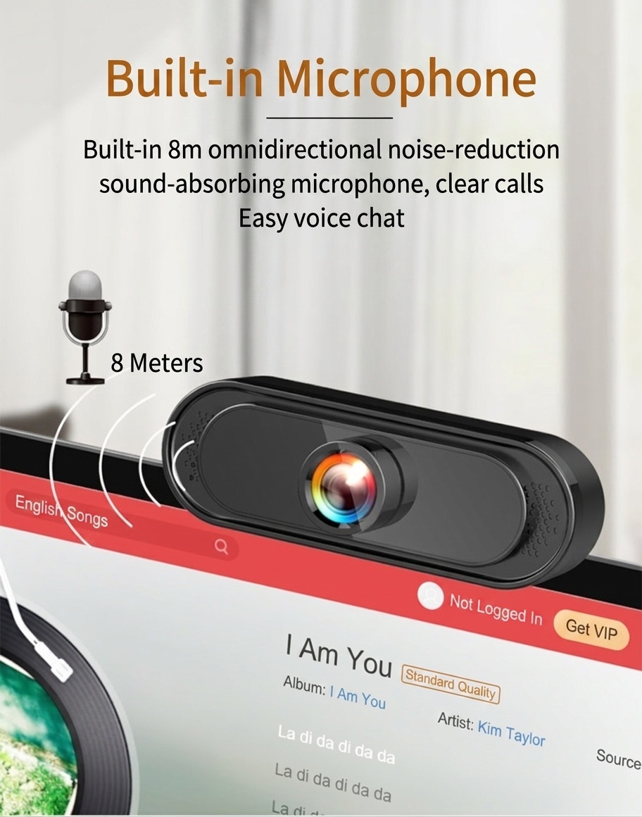 1080P HD USB Webcam with Microphone, Streaming Computer Camera for Online Calls, Conferencing, PC Desktop