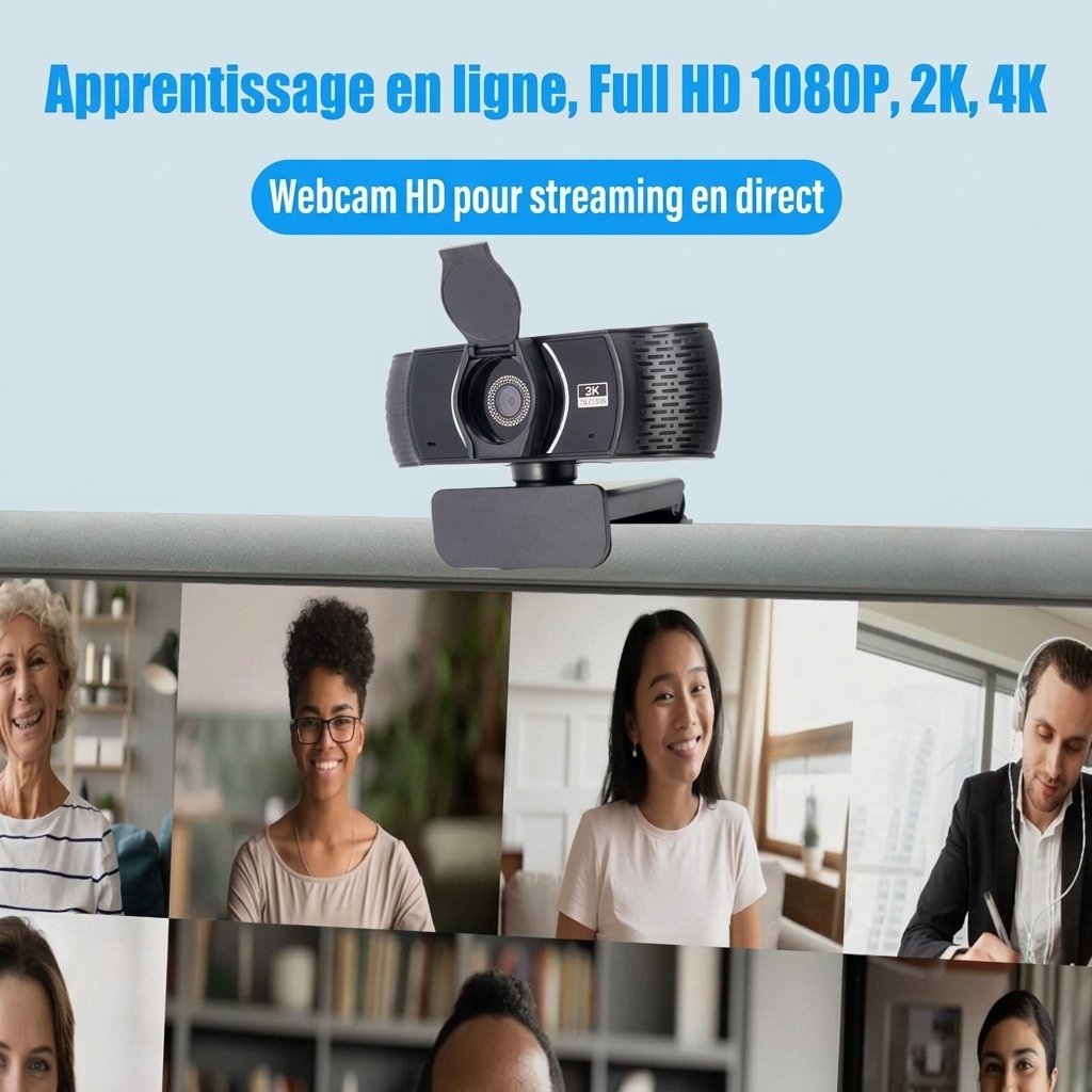 Webcam USB Full HD 2K avec micro antibruit et clip stable, caméra d'ordinateur pour le streaming, les appels vidéo et les réunions.