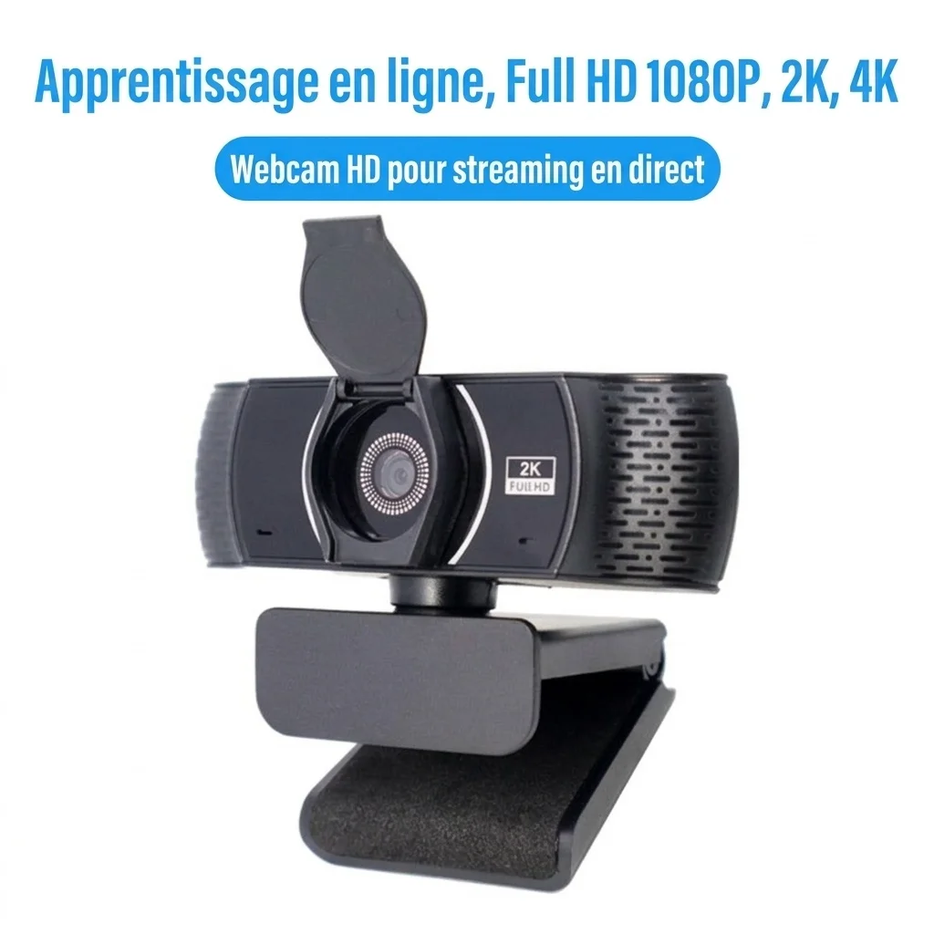 Webcam USB Full HD 2K avec micro antibruit et clip stable, caméra d'ordinateur pour le streaming, les appels vidéo et les réunions.