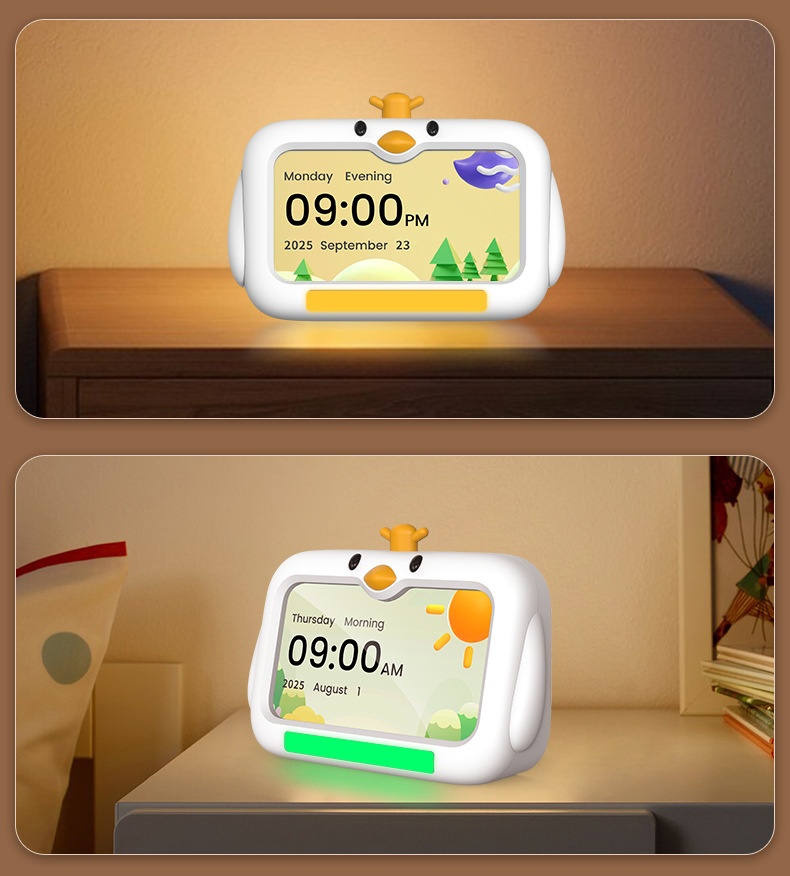 7-Inch Kids Sleep Training Alarm Clock - 3-Color Wake Up Light & Night Light with 9 Sounds, Snooze, Child Lock, IPS Display, White