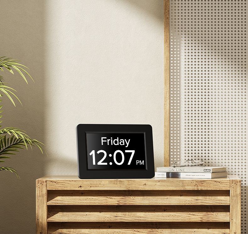 8-Inch Digital Day Clock for Seniors - Extra Large Display with Dementia & Alzheimer's Pill Reminders, Auto-Dimming, Multi-Alarm, Black & White