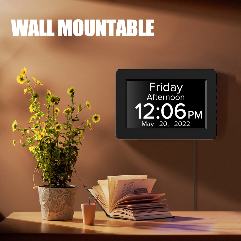 8-Inch Digital Day Clock for Seniors - Extra Large Display with Dementia & Alzheimer's Pill Reminders, Auto-Dimming, Multi-Alarm, Black & White