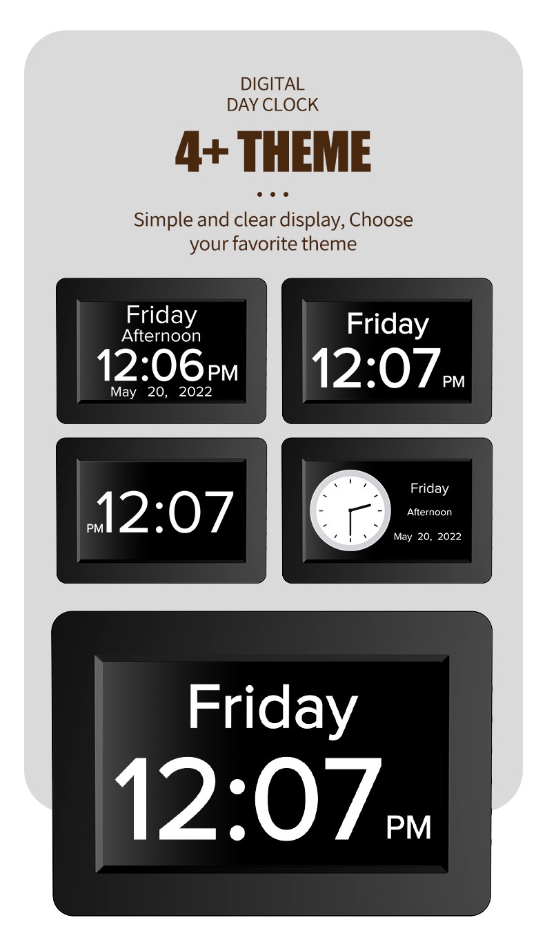 8-Inch Digital Day Clock for Seniors - Extra Large Display with Dementia & Alzheimer's Pill Reminders, Auto-Dimming, Multi-Alarm, Black & White