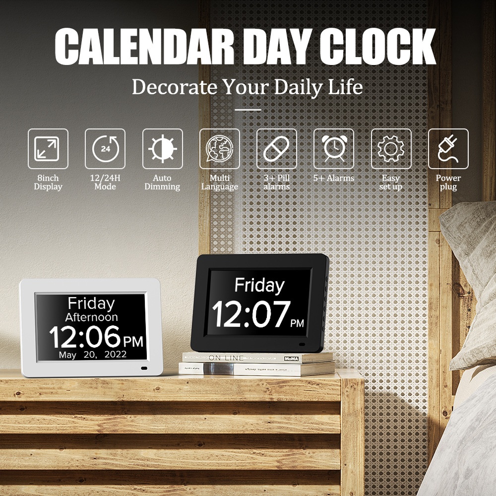 8-Inch Digital Day Clock for Seniors - Extra Large Display with Dementia & Alzheimer's Pill Reminders, Auto-Dimming, Multi-Alarm, Black & White