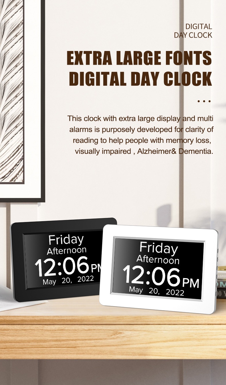 8-Inch Digital Day Clock for Seniors - Extra Large Display with Dementia & Alzheimer's Pill Reminders, Auto-Dimming, Multi-Alarm, Black & White