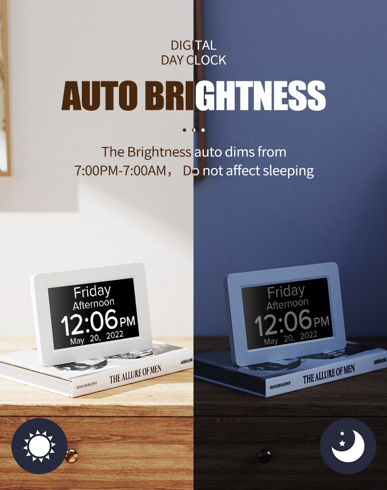 8-Inch Digital Day Clock for Seniors - Extra Large Display with Dementia & Alzheimer's Pill Reminders, Auto-Dimming, Multi-Alarm, Black & White
