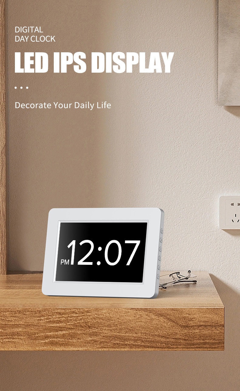 8-Inch Digital Day Clock for Seniors - Extra Large Display with Dementia & Alzheimer's Pill Reminders, Auto-Dimming, Multi-Alarm, Black & White