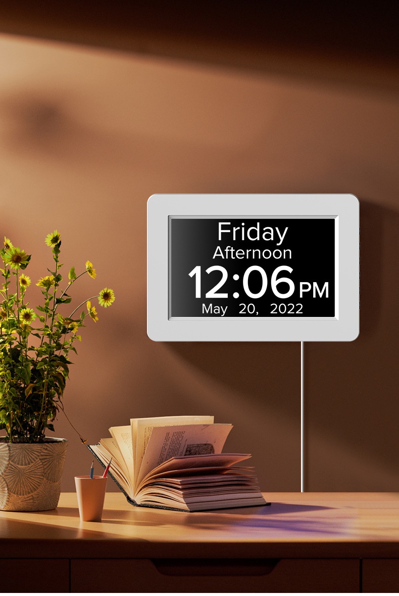 8-Inch Digital Day Clock for Seniors - Extra Large Display with Dementia & Alzheimer's Pill Reminders, Auto-Dimming, Multi-Alarm, Black & White