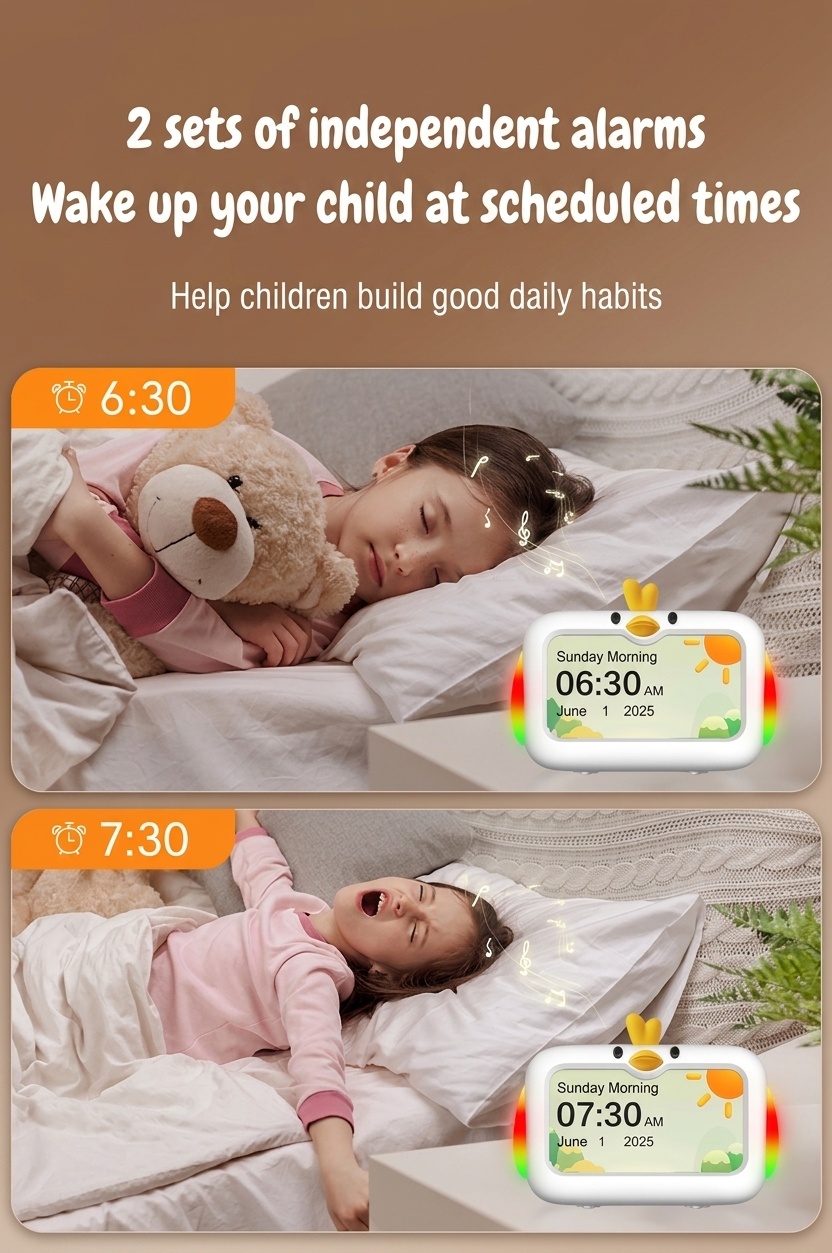 4.3-Inch Kids Sleep Training Alarm Clock - 3-Color Night Light & White Noise Sound Machine, Dual Alarms, Child Safety Lock, Type-C Charging, White