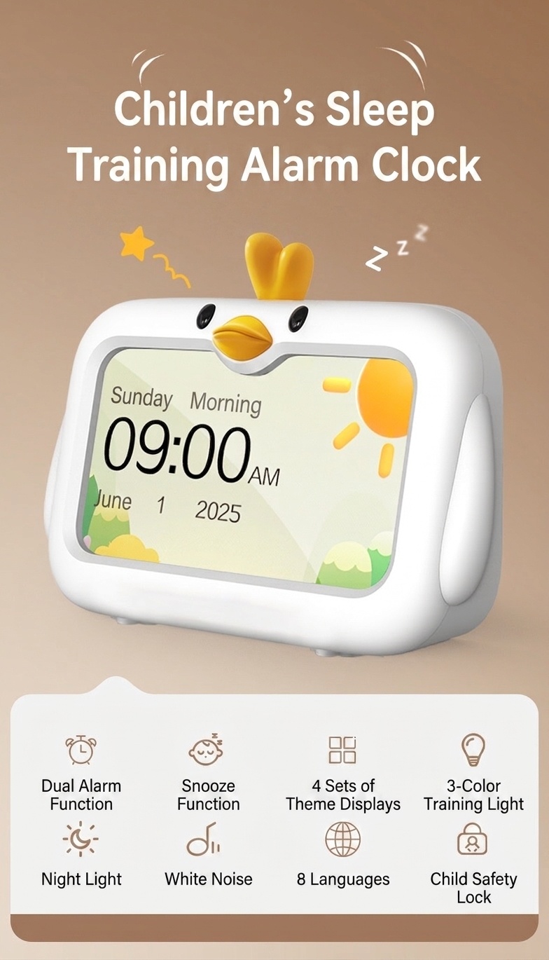 4.3-Inch Kids Sleep Training Alarm Clock - 3-Color Night Light & White Noise Sound Machine, Dual Alarms, Child Safety Lock, Type-C Charging, White