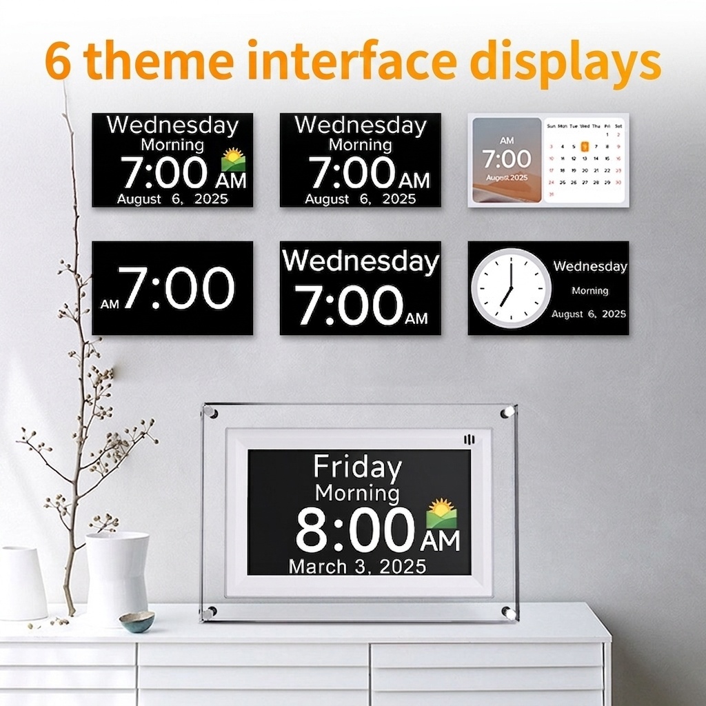 7-Inch Digital Day Clock with Alarm & Medication Reminders - IPS Display, Auto-Brightness, Type-C Port, 11 Languages Support, White