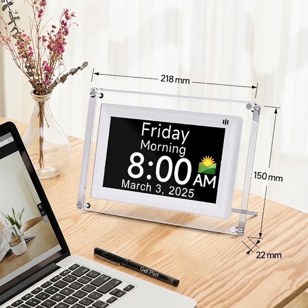 7-Inch Digital Day Clock with Alarm & Medication Reminders - IPS Display, Auto-Brightness, Type-C Port, 11 Languages Support, White