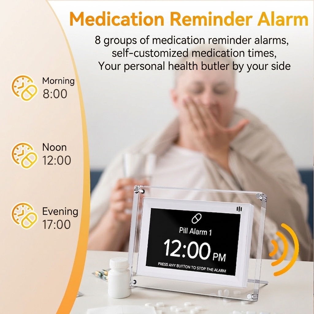 7-Inch Digital Day Clock with Alarm & Medication Reminders - IPS Display, Auto-Brightness, Type-C Port, 11 Languages Support, White