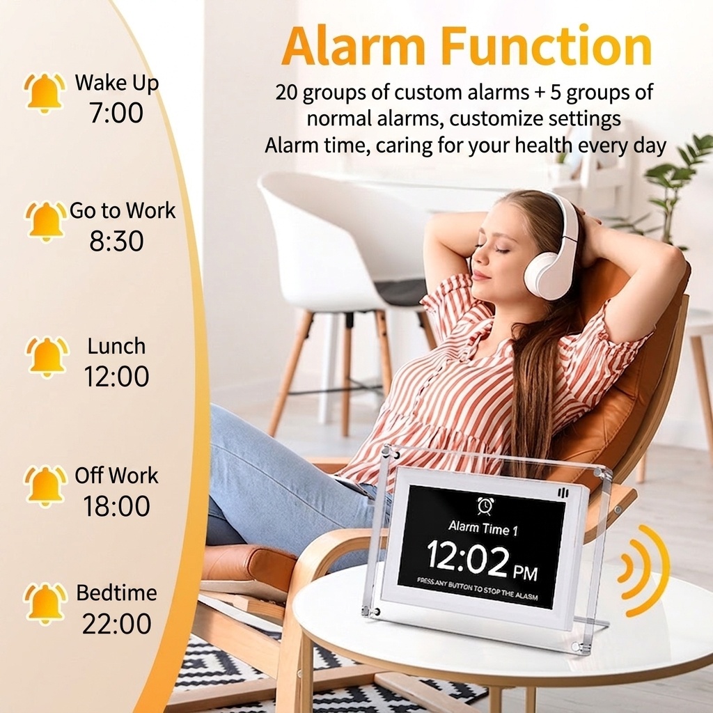 7-Inch Digital Day Clock with Alarm & Medication Reminders - IPS Display, Auto-Brightness, Type-C Port, 11 Languages Support, White