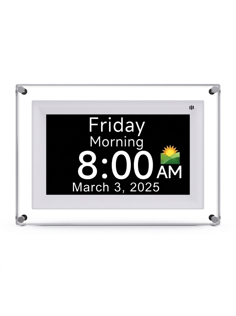 7-Inch Digital Day Clock with Alarm & Medication Reminders - IPS Display, Auto-Brightness, Type-C Port, 11 Languages Support, White