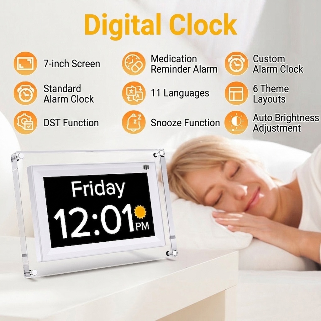 7-Inch Digital Day Clock with Alarm & Medication Reminders - IPS Display, Auto-Brightness, Type-C Port, 11 Languages Support, White