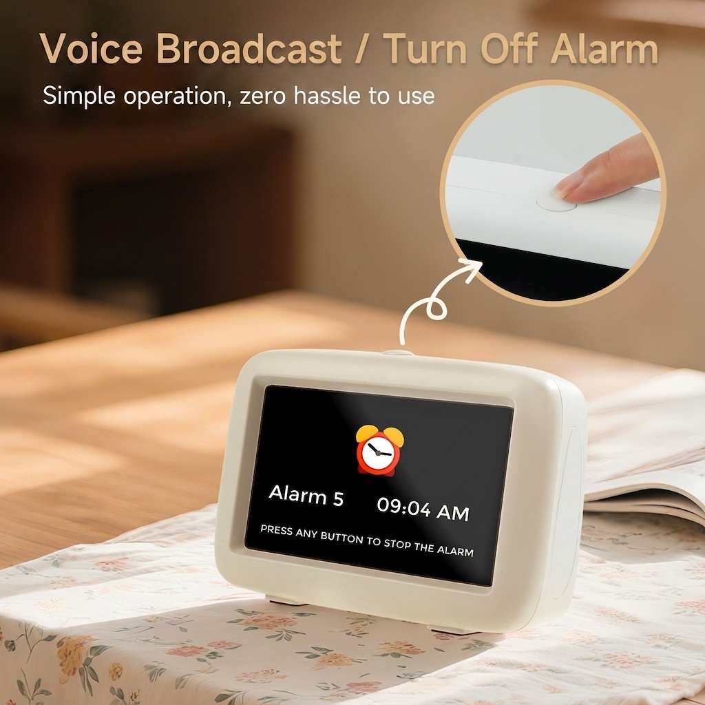 4.3-Inch Smart Digital Alarm Clock - LCD Display with Auto-Dimming, Snooze, 25 Customizable Alarms, Type-C Powered, 8 Languages, White