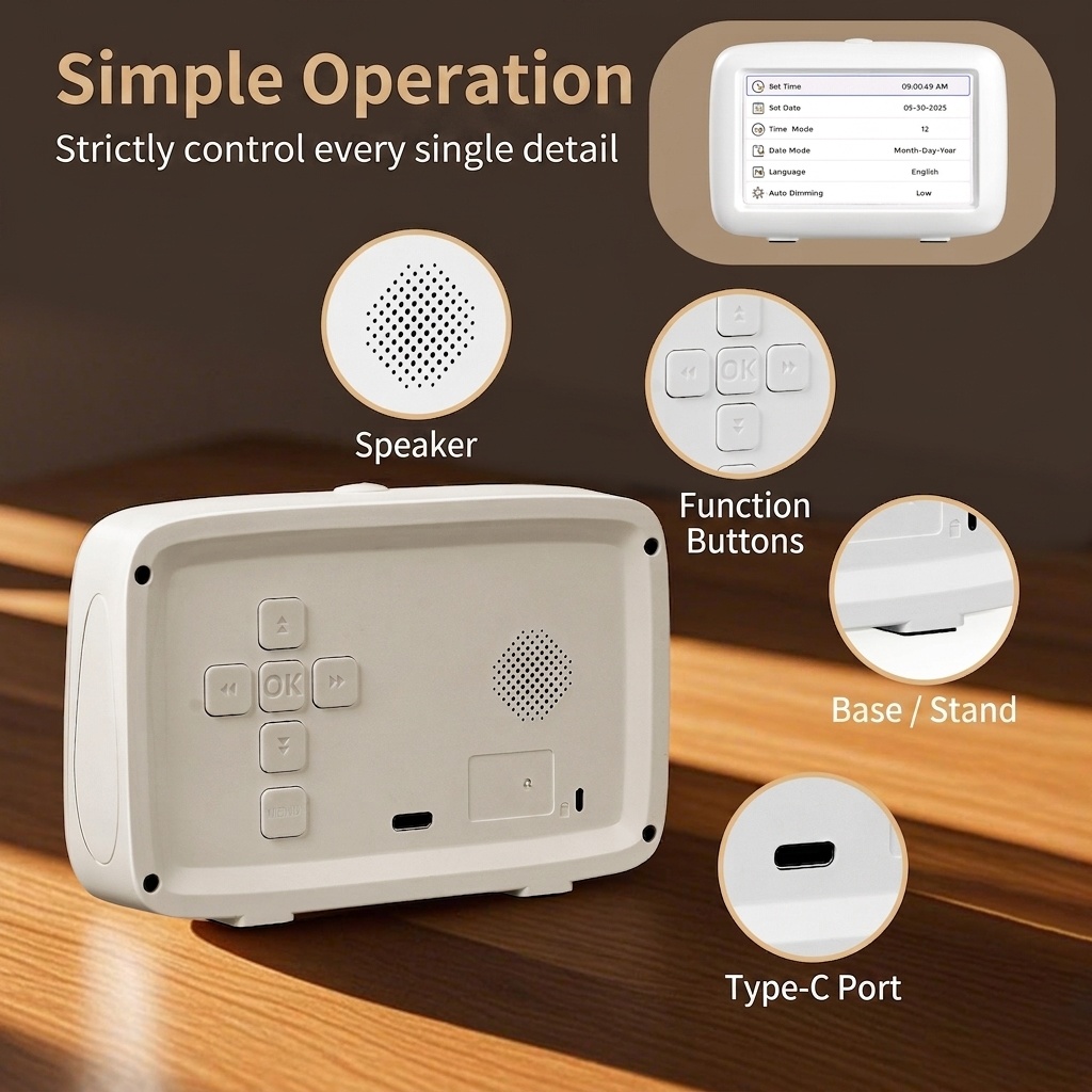 4.3-Inch Smart Digital Alarm Clock - LCD Display with Auto-Dimming, Snooze, 25 Customizable Alarms, Type-C Powered, 8 Languages, White