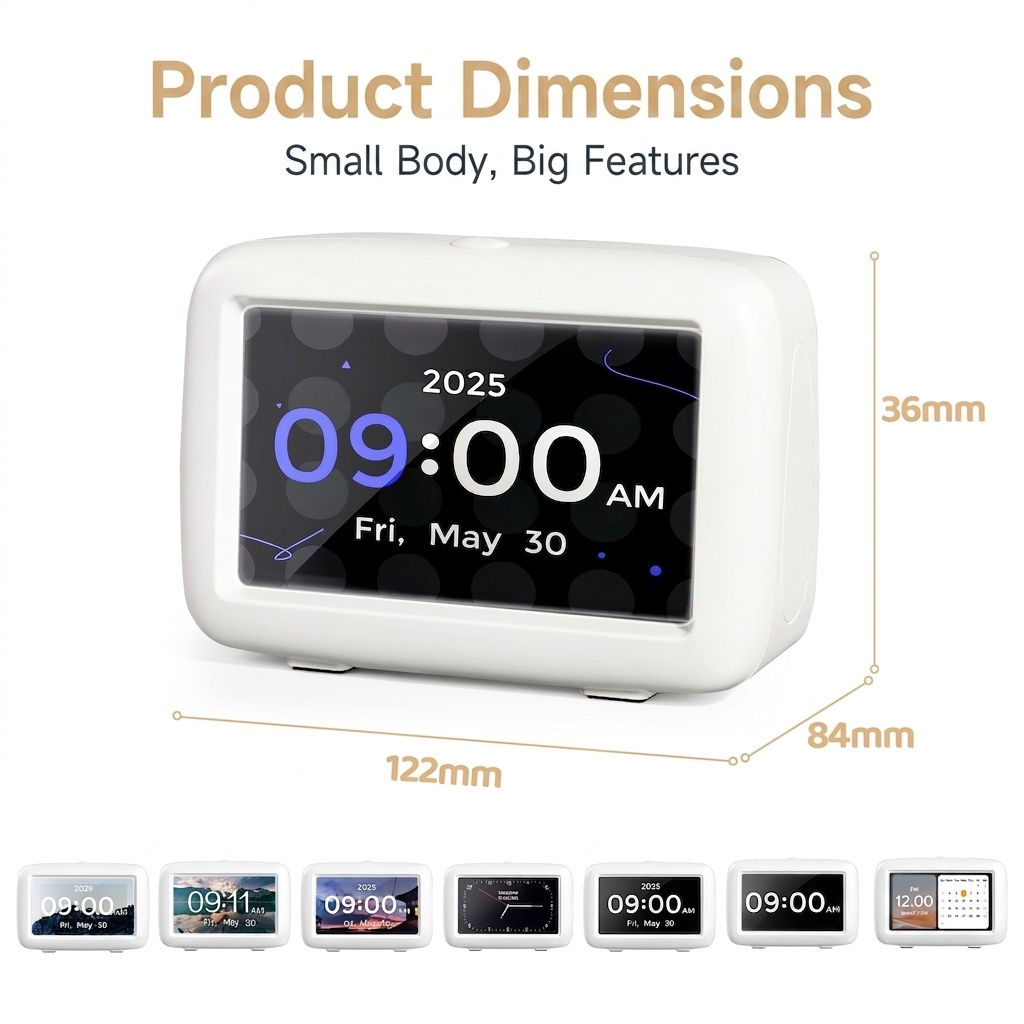 4.3-Inch Smart Digital Alarm Clock - LCD Display with Auto-Dimming, Snooze, 25 Customizable Alarms, Type-C Powered, 8 Languages, White