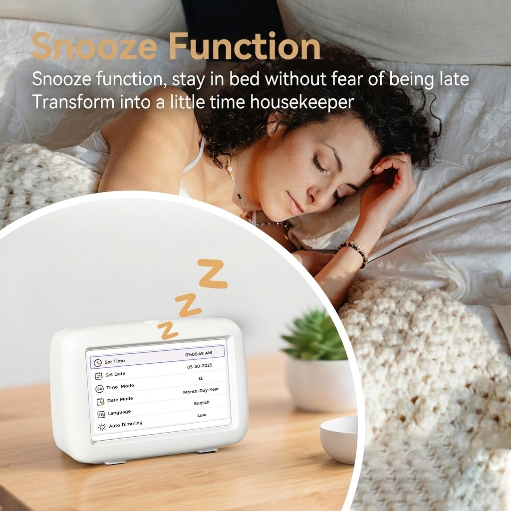 4.3-Inch Smart Digital Alarm Clock - LCD Display with Auto-Dimming, Snooze, 25 Customizable Alarms, Type-C Powered, 8 Languages, White