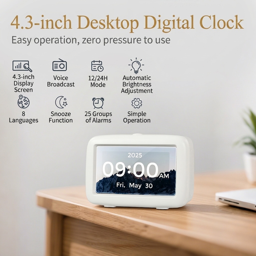 4.3-Inch Smart Digital Alarm Clock - LCD Display with Auto-Dimming, Snooze, 25 Customizable Alarms, Type-C Powered, 8 Languages, White