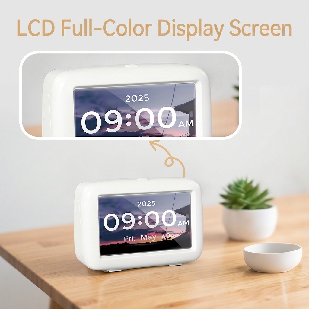 4.3-Inch Smart Digital Alarm Clock - LCD Display with Auto-Dimming, Snooze, 25 Customizable Alarms, Type-C Powered, 8 Languages, White