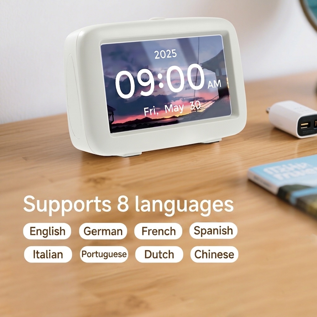 4.3-Inch Smart Digital Alarm Clock - LCD Display with Auto-Dimming, Snooze, 25 Customizable Alarms, Type-C Powered, 8 Languages, White