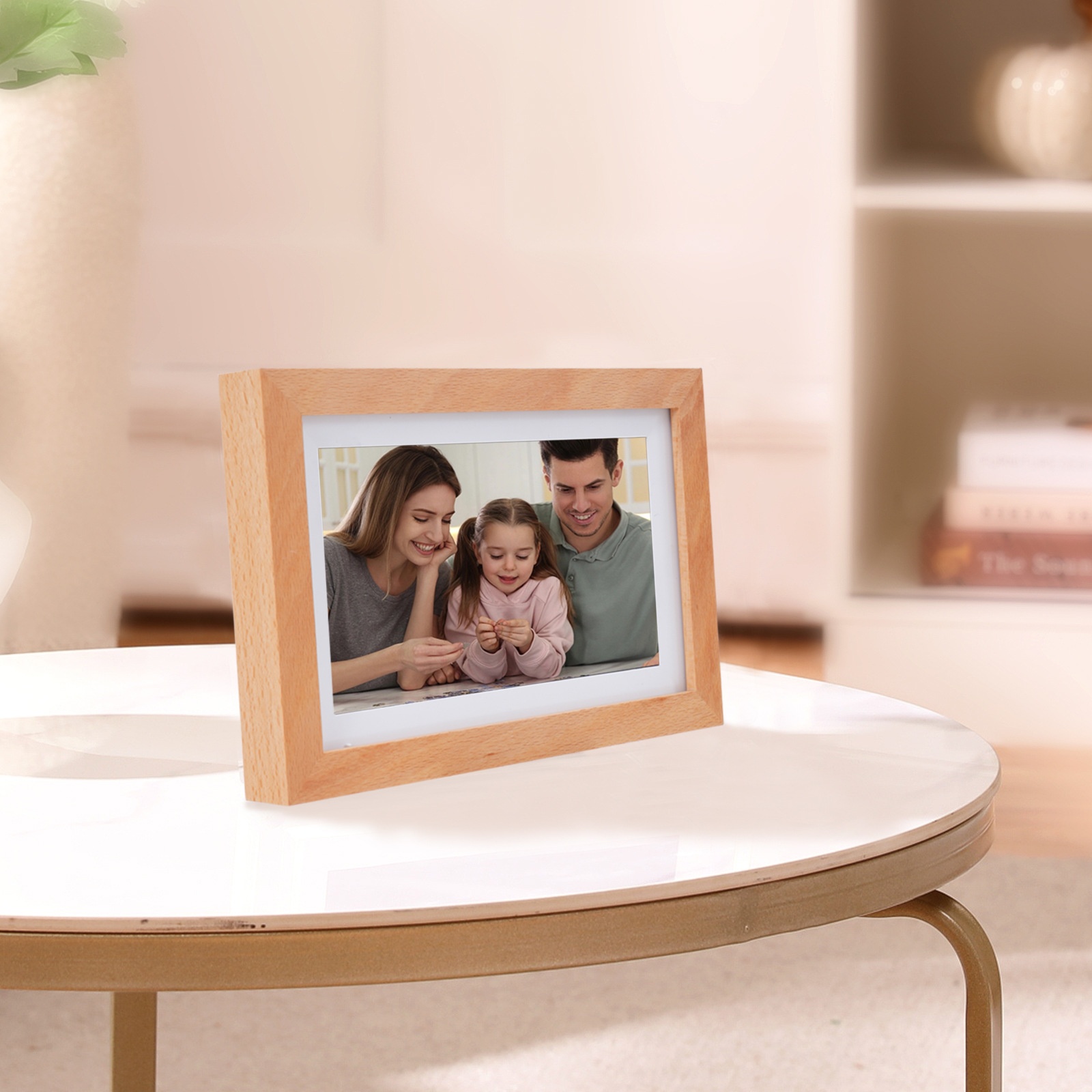 7-Inch WiFi Digital Photo Frame - IPS Smart Picture Frame with Wood Frame, App Photo/Video Transfer, 2000mAh Battery, 360° Auto-Rotate, White