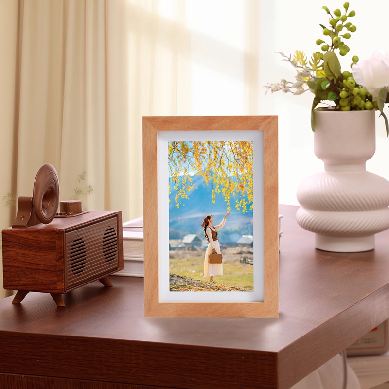 7-Inch WiFi Digital Photo Frame - IPS Smart Picture Frame with Wood Frame, App Photo/Video Transfer, 2000mAh Battery, 360° Auto-Rotate, White