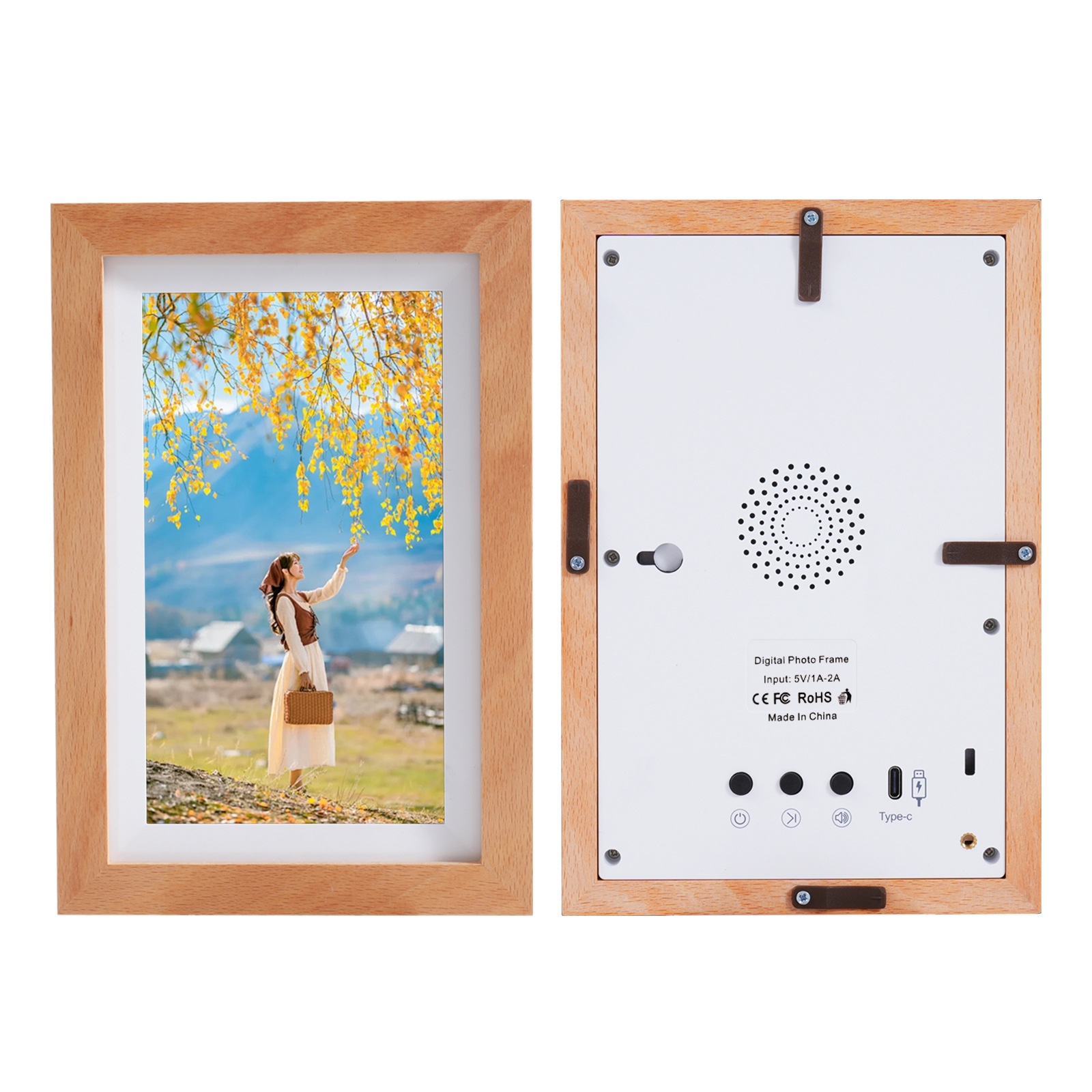 7-Inch WiFi Digital Photo Frame - IPS Smart Picture Frame with Wood Frame, App Photo/Video Transfer, 2000mAh Battery, 360° Auto-Rotate, White