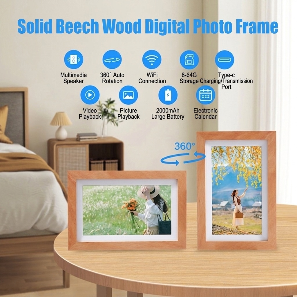 7-Inch WiFi Digital Photo Frame - IPS Smart Picture Frame with Wood Frame, App Photo/Video Transfer, 2000mAh Battery, 360° Auto-Rotate, White