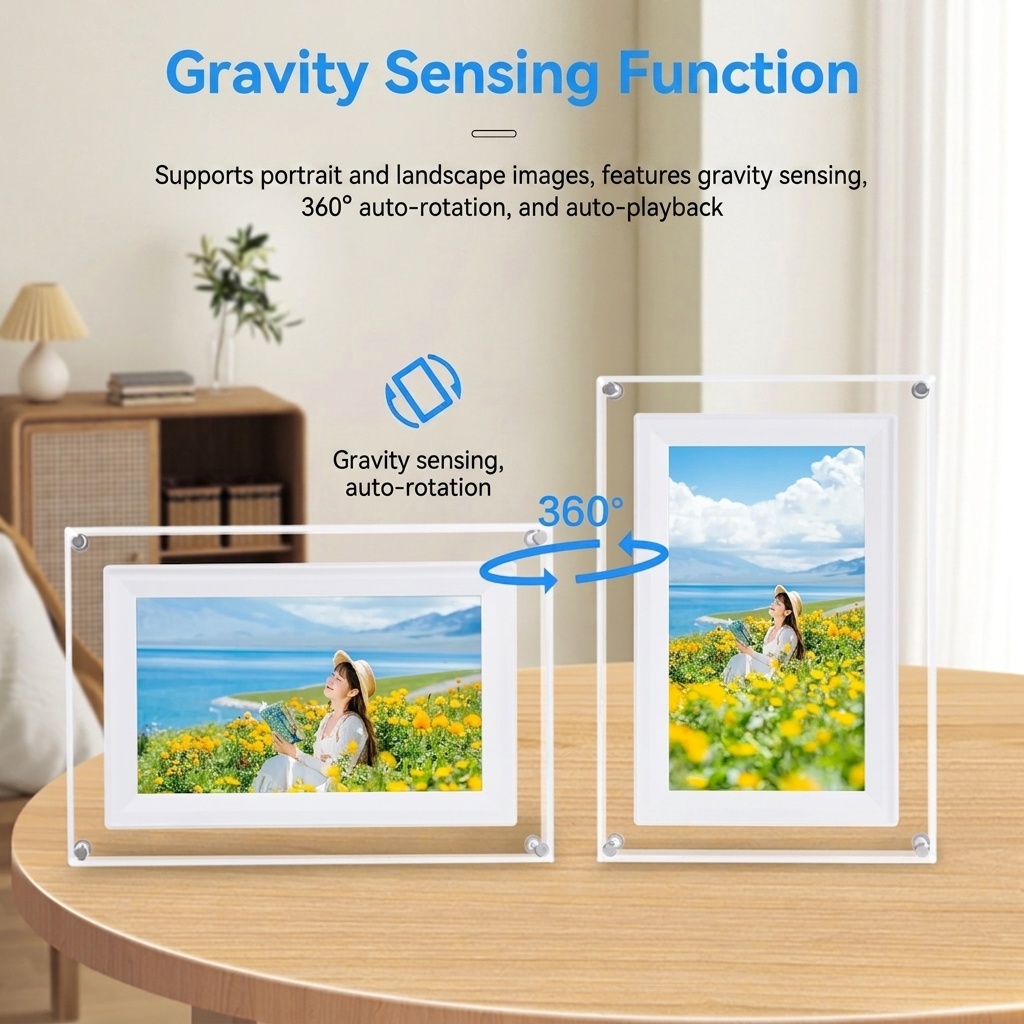 7-Inch WiFi Digital Photo Frame - IPS Smart Picture Frame with 2000mAh Battery, 360° Auto-Rotation, Built-in Speaker, WiFi & USB Transfer, White