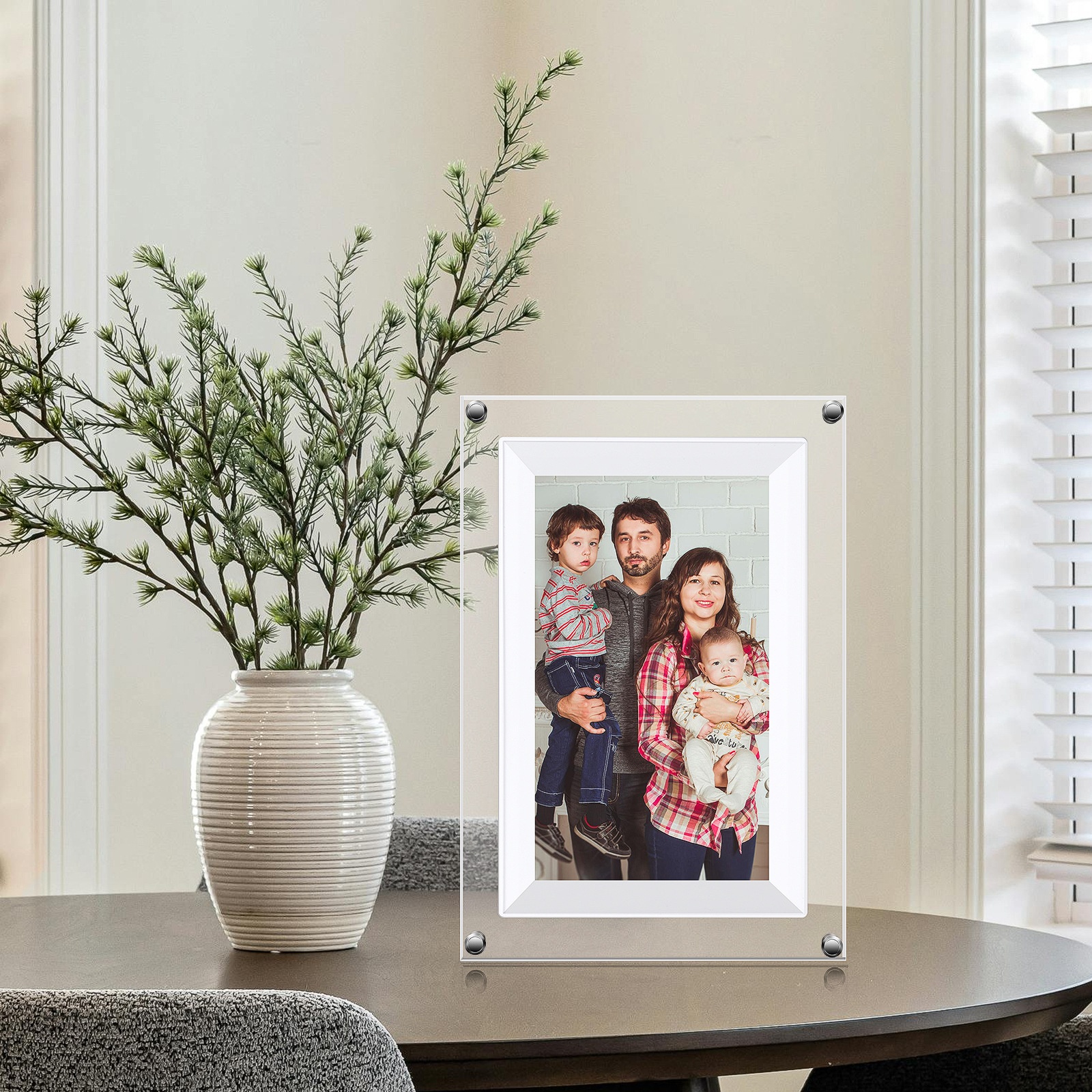 7-Inch WiFi Digital Photo Frame - IPS Smart Picture Frame with 2000mAh Battery, 360° Auto-Rotation, Built-in Speaker, WiFi & USB Transfer, White