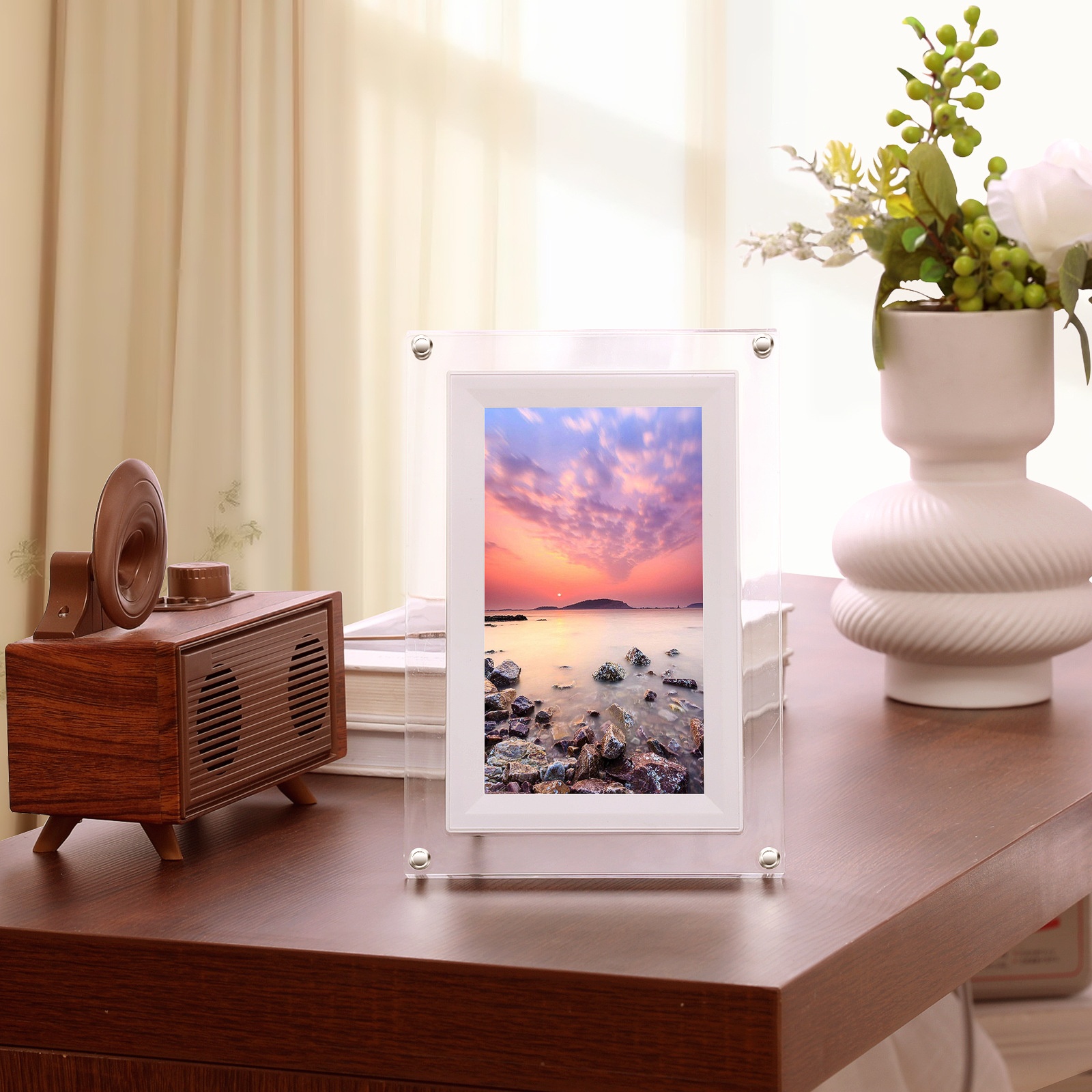 7-Inch WiFi Digital Photo Frame - IPS Smart Picture Frame with 2000mAh Battery, 360° Auto-Rotation, Built-in Speaker, WiFi & USB Transfer, White