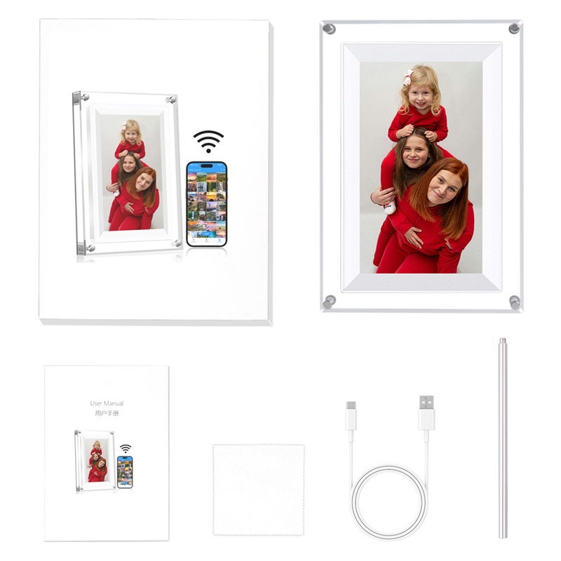 7-Inch WiFi Digital Photo Frame - IPS Smart Picture Frame with 2000mAh Battery, 360° Auto-Rotation, Built-in Speaker, WiFi & USB Transfer, White