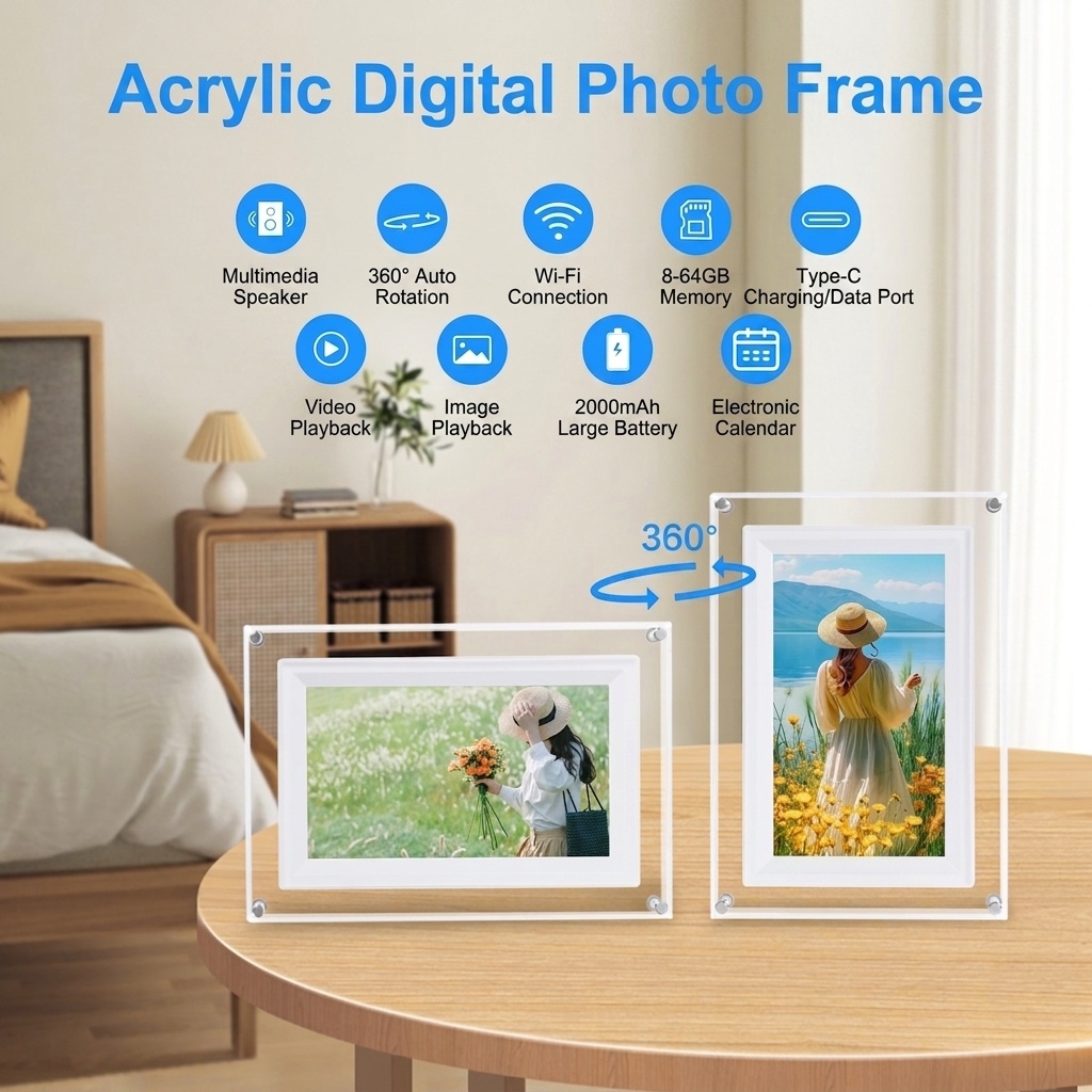 7-Inch WiFi Digital Photo Frame - IPS Smart Picture Frame with 2000mAh Battery, 360° Auto-Rotation, Built-in Speaker, WiFi & USB Transfer, White