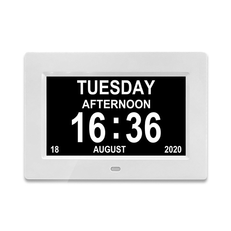 7-Inch Digital Calendar Day Clock for Seniors - Large Clear Display, Multiple Alarms, Auto-Brightness, Multi-Language Time & Date Tracker, White