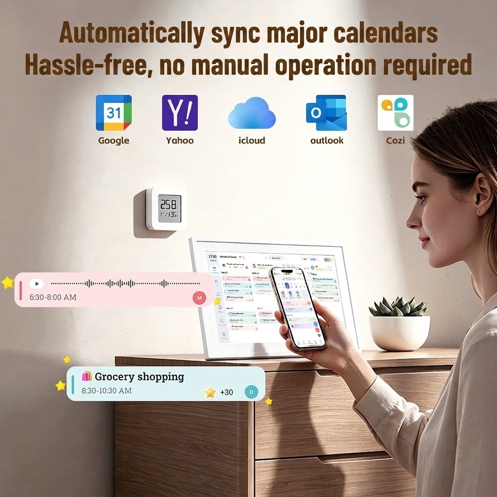 Smart Digital Calendar & Photo Frame - Family Organizer with Schedule Sync, Task Management, Vibrant Display, White